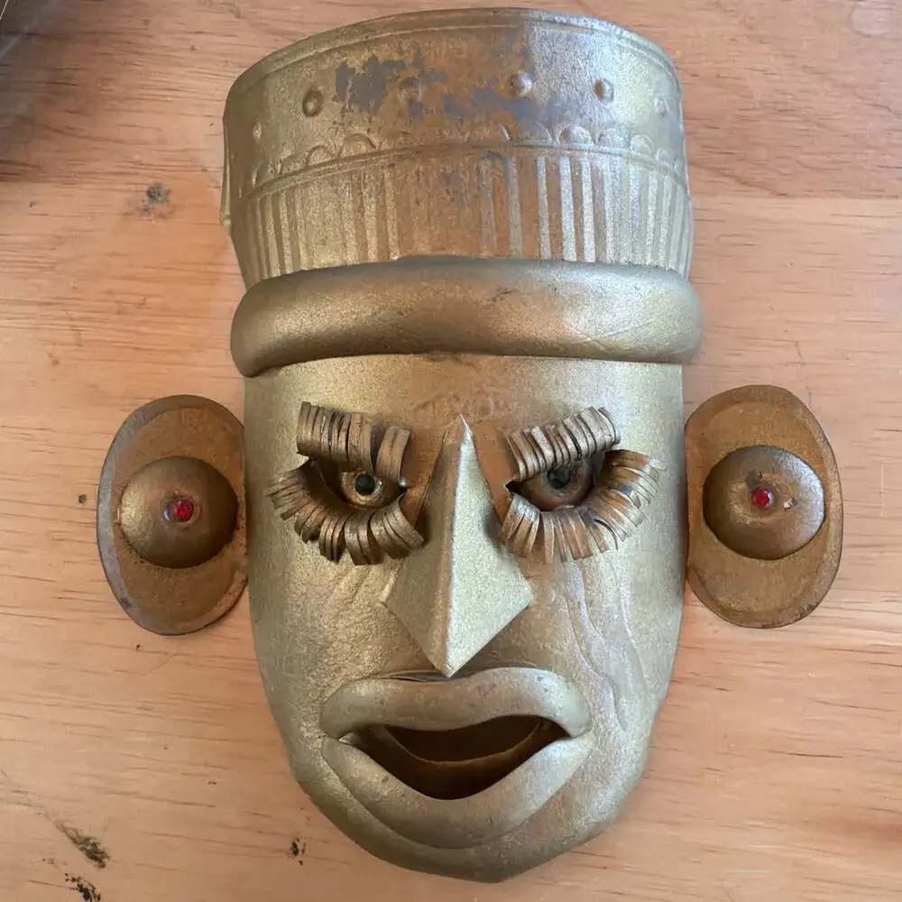 3 VNTG Mexican Tin Metal Masks Beaded Eyes Folk Art Primitive Style Tribal 6”x5”